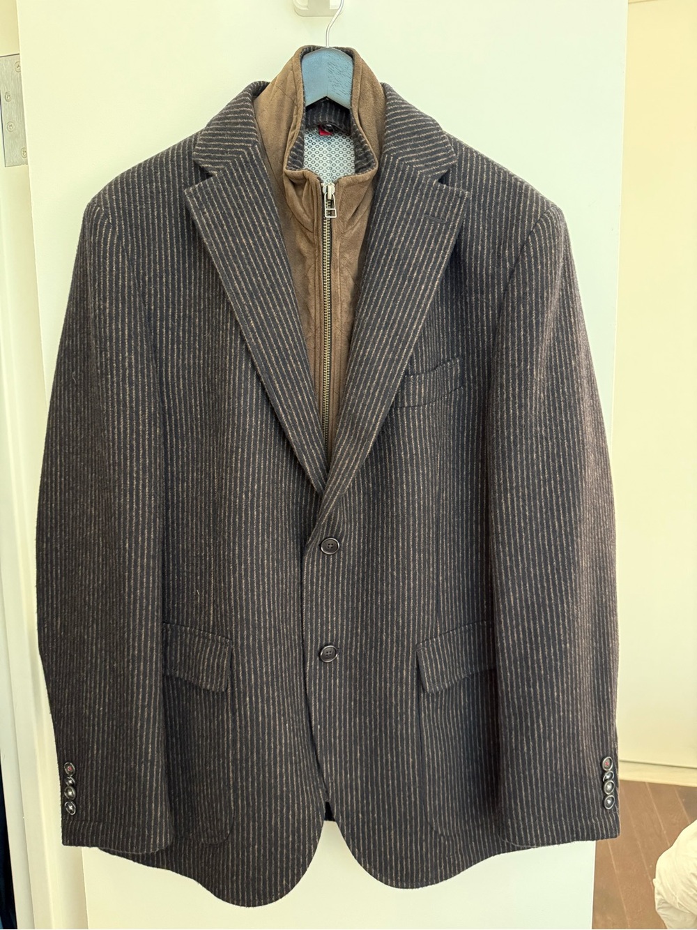 Men's Brown Pinstripe Wool Sport Coat with Inner Zip Layer